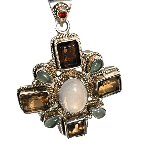 925 Sterling Silver SmokyAquamarine & Rose Quartz Cross Pendant Vintage